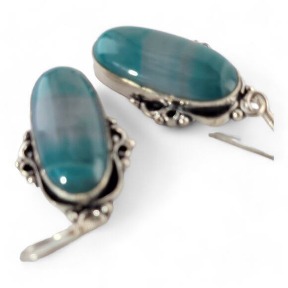 Sterling Silver Teardrop Earrings with Striated Blue Gemstone - Picture 5 of 16